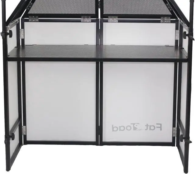 Alt view image 6 of 7 - DJ Booth Tabletop With 8FT Lighting Truss Stand Package by FAT TOAD | Foldable Panel Portable Stage Platform Facade White Scrim Cover | Video Light Projector Display Workstation For Sound System Event