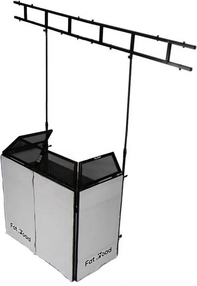 Alt view image 3 of 7 - DJ Booth Tabletop With 8FT Lighting Truss Stand Package by FAT TOAD | Foldable Panel Portable Stage Platform Facade White Scrim Cover | Video Light Projector Display Workstation For Sound System Event