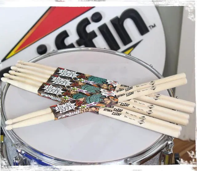 Alt view image 7 of 7 - GRIFFIN Attack Zzzap Drum Sticks - 4 Pairs of Select Elite Maple Wood Size 5A - Premium Balanced, Level and Straight - Drummers Percussion Classic Pure Grit Uncoated, Raw Wood Drumming Sticks