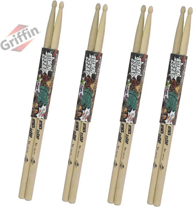 Main image of GRIFFIN Attack Zzzap Drum Sticks - 4 Pairs of Select Elite Maple Wood Size 5A - Premium Balanced, Level and Straight - Drummers Percussion Classic Pure Grit Uncoated, Raw Wood Drumming Sticks