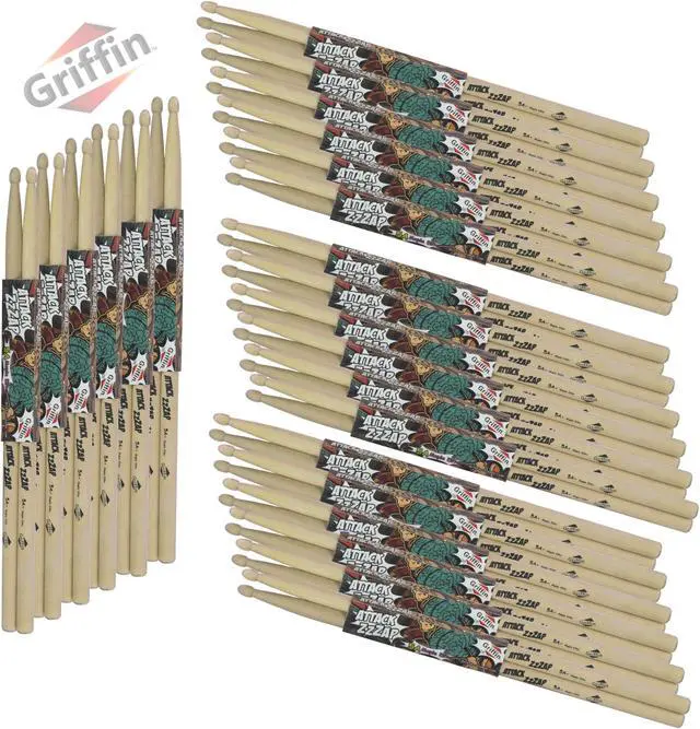 Main image of GRIFFIN Attack Zzzap Drum Sticks - 24 Pairs of Select Elite Maple Wood Size 5A - Drummers Percussion Classic Pure Grit Uncoated, Raw Wood Drumming Sticks - Premium Balanced, Level and Straight