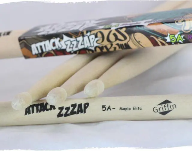 Alt view image 4 of 7 - 12 Pairs of Select Elite Maple Wood Drum Sticks by GRIFFIN Attack Zzzap - Size 5A Premium Balanced, Level and Straight - Drummers Percussion Classic Pure Grit Uncoated, Raw Wood Drumming Sticks