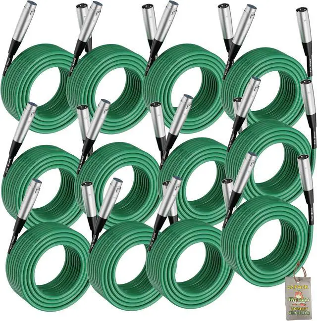Main image of 12 PACK - FAT TOAD XLR Microphone Cables | 50ft Professional Pro Audio Green Mic Cord Extension Patch with Lo-Z Connector | 24 AWG Shielded Wire & Balanced for DJ Music Recording Studio Mixer Gear