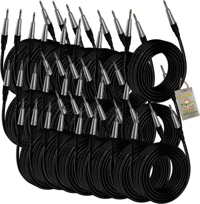 Main image of 24 PACK - FAT TOAD 20FT Guitar Cords Instrument Cables | 24 AWG Patch Conductor for Electric Guitar, Bass, Amplifier, Speaker, Keyboard & Recording Studio | Shielded 1/4 Inch Gold Straight-End Wires