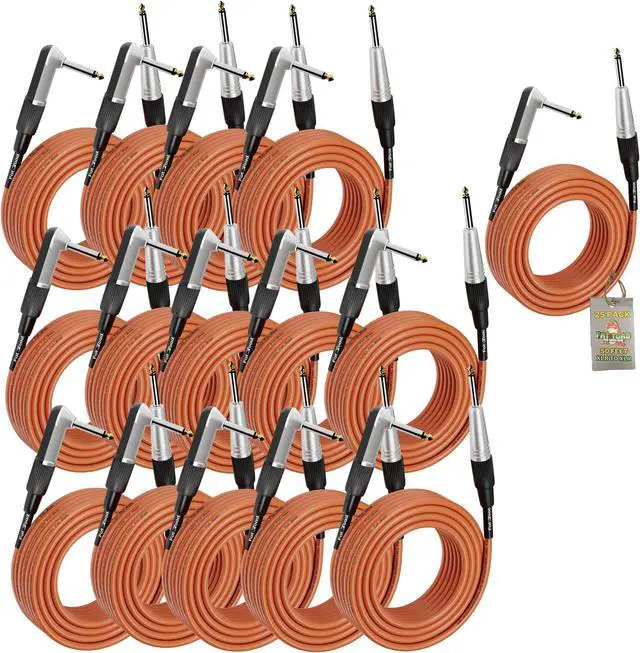 Main image of 24 PACK - Right Angled Guitar Cables by FAT TOAD | Instrument Cords 20FT 1/4 Quarter Inch Straight-End 24GA Wires for Electric Guitar Pedal, Bass, Keyboards, Speaker Amplifier & Audio Studio Recording