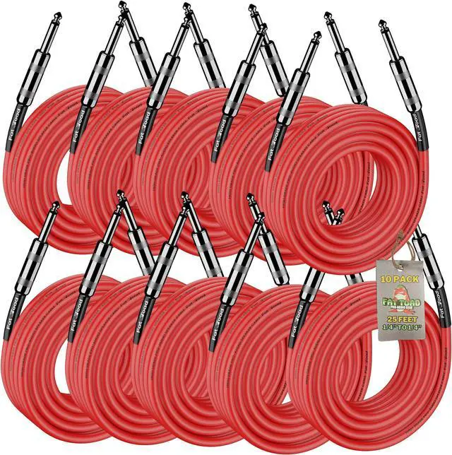 Main image of 10 PACK - 25FT Speaker Cables by FAT TOAD | Quarter Inch 12 AWG Gauge Wire for Amp, Music Studio Recording & Stage Gear | 1/4" to 1/4 Male Jack Professional Pro Audio Red DJ Speakers PA Patch Cords