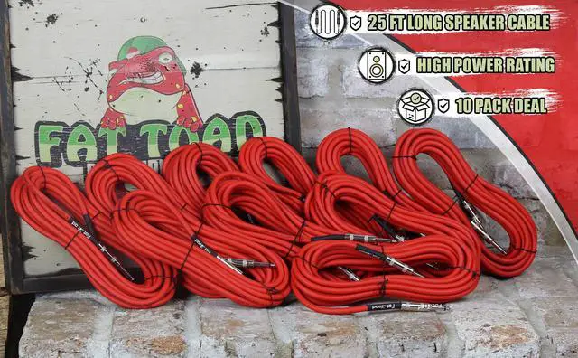 Alt view image 7 of 7 - 10 PACK - 25FT Speaker Cables by FAT TOAD | Quarter Inch 12 AWG Gauge Wire for Amp, Music Studio Recording & Stage Gear | 1/4" to 1/4 Male Jack Professional Pro Audio Red DJ Speakers PA Patch Cords
