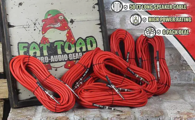 Alt view image 6 of 7 - 6 PACK -  Speaker Cables by FAT TOAD | 50FT DJ PA Professional Pro Audio Red Patch Cords | 1/4 to 1/4 Quarter Inch Male Jack 12 AWG Gauge Wire for Amp, Music Studio Recording & Performance Stage Gear