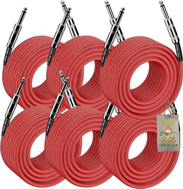 Main image of 6 PACK -  Speaker Cables by FAT TOAD | 50FT DJ PA Professional Pro Audio Red Patch Cords | 1/4 to 1/4 Quarter Inch Male Jack 12 AWG Gauge Wire for Amp, Music Studio Recording & Performance Stage Gear