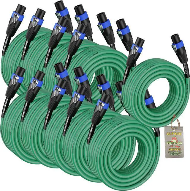 Main image of 10 PACK - Speakon to Speakon Speaker Cables by FAT TOAD | 25ft Professional DJ Pro Audio Green PA Cords with Twist Lock Connector | 12 AWG Wire for Impeccable Studio Recording & Stage Performance Gear