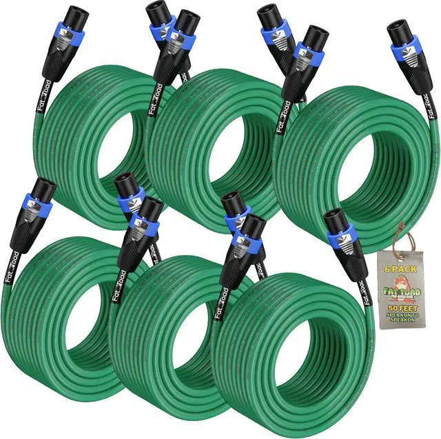 Main image of 6 PACK - 50FT Speakon to Speakon Speaker Cables by FAT TOAD | Professional DJ Pro Audio Green PA Cords with Twist Lock Connector | 12 AWG Wires for Impeccable Studio Recording & Performance Stage Gear