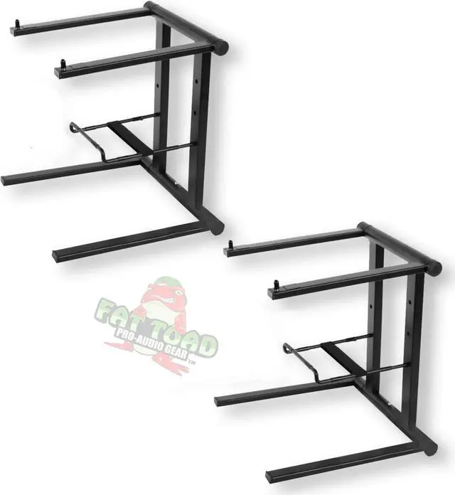 Main image of 2 PACK - DJ Laptop Stand with Sub-tray Shelf by FAT TOAD | Folding Compact Pro Audio Computer Table Top Rack Stand Mount for iPads, Mixer Controller & Tablets | Portable PC Gear, Stage Booth or Office