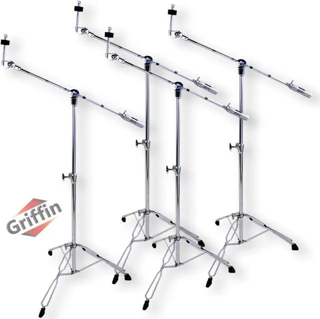 Main image of 4 PACK Cymbal Boom Stands by GRIFFIN | Drum Kit Percussion Gear Chrome Hardware Set with Double Braced Tripod Legs | Drummers Counterweight Adapter for Mounting Heavy Duty Crash, Ride, Splash Cymbals