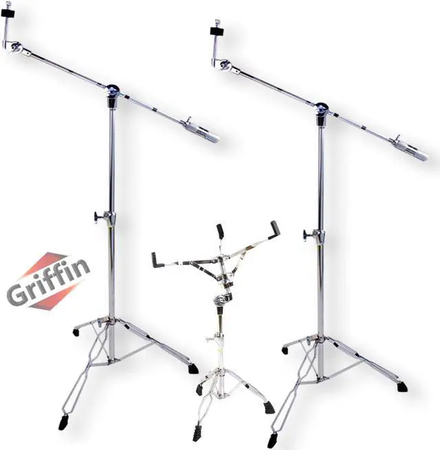 Main image of 3 PACK - Cymbal Stand With Boom Arm & Snare Drum Stand Kit by GRIFFIN | Percussion Chrome Gear Hardware Set with Double Braced Legs | Counterweight Adapter for Mounting Crash, Ride, Splash Cymbals