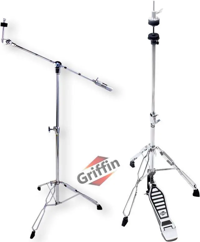 Main image of Deluxe 2 PACK Set - Hi-Hat Stand & Cymbal Boom Stand Kit by GRIFFIN | HiHat Cymbal Pedal With Pull Chain & Chrome Double Braced Legs | Counterweight Adapter for Mounting Crash, Ride, Splash Cymbals