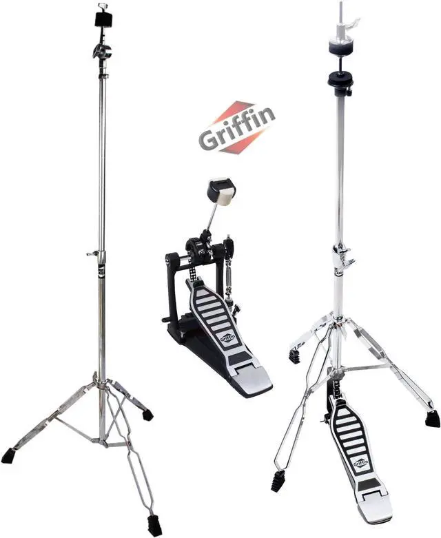 Main image of 3 PACK - Hi-Hat Stand, Kick Drum Pedal & Straight Cymbal Stand Hardware Kit by GRIFFIN | Deluxe Full Size Percussion Chrome Hardware Set | Lightweight, Portable & Mobile, Perfect for Drummer Gigs