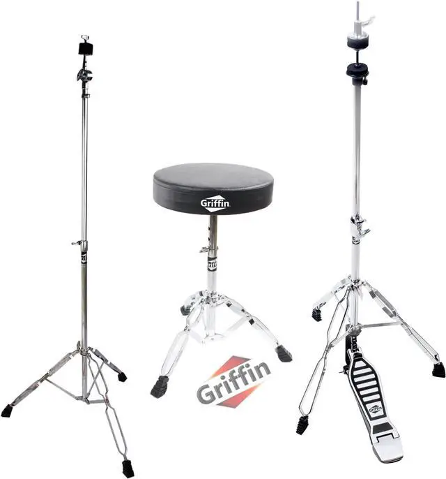 Main image of GRIFFIN Drum Hardware 3 PACK - Hi-Hat Stand, Drummers Throne Seat & Straight Cymbal Stand | Deluxe Chrome Slip-Proof Gear Holder Percussion Set for Mounting Medium-Duty Crash, Ride & Splash Cymbals