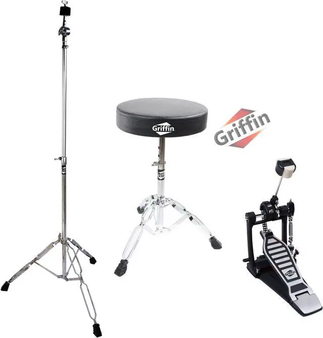 Main image of 3 PACK GRIFFIN Drum Hardware Set - Kick Drum Pedal, Drummers Throne Seat & Straight Cymbal Stand | Deluxe Chrome Slip-Proof Gear Holder Percussion Set for Mounting Crash, Ride & Splash Cymbals
