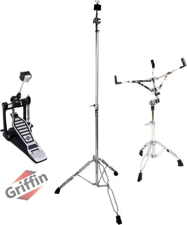 Main image of Drum Hardware Set 3 PACK by GRIFFIN - Kick Drum Pedal, Snare Stand & Straight Cymbal Stand | Deluxe Double Chain Full Steel Foot Pedal for Intense Play | Slip-Proof Gear Tilter & Clamp Basket Holder