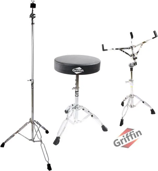 Main image of Drummers Throne Seat, Snare Drum Stand & Straight Cymbal Stand Hardware Set 3 PACK by GRIFFIN | Comfortable Percussion Chair for Adults | Light Weight Mount for Standard Drums, Tom-Toms & Practice Pad