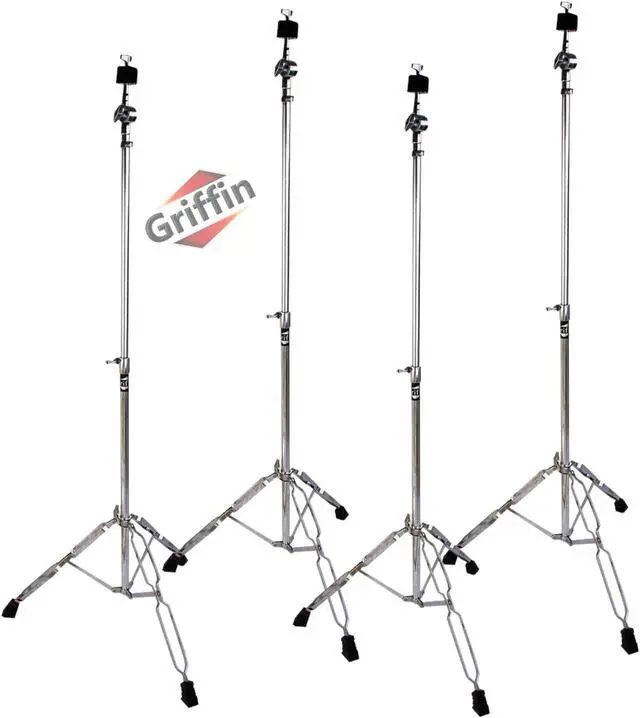 Main image of 4 PACK - Straight Cymbal Stand Set by GRIFFIN | Double Braced Legs, Slip-Proof Gear Holder & Light-Duty for Mobile Drummers | Percussion Chrome Drum Hardware Kit for Mounting Crash & Splash Cymbals