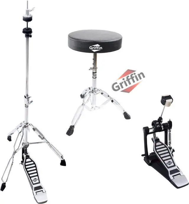 Main image of 3 PACK GRIFFIN Drum Hardware Set - Bass Drum Kick Pedal, Drummers Throne Seat & Hi-Hat Cymbal Stand | Deluxe Chrome Slip-Proof Gear Holder Percussion Set for Mounting Crash, Ride & Splash Cymbals