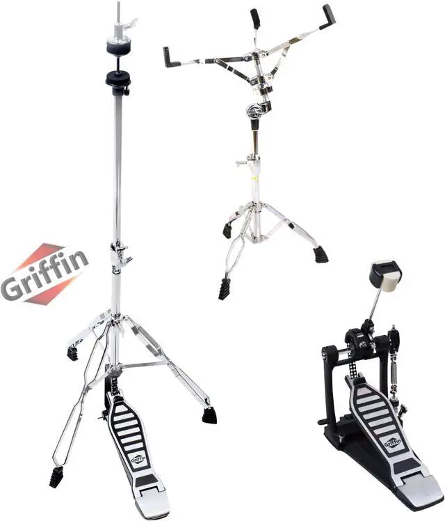Main image of 3 PACK - Hi-Hat Stand, Kick Drum Pedal & Snare Stand Hardware Kit by GRIFFIN | Deluxe Full Size Percussion Chrome Hardware Set | Lightweight, Portable & Mobile, Perfect for Drummer Gigs