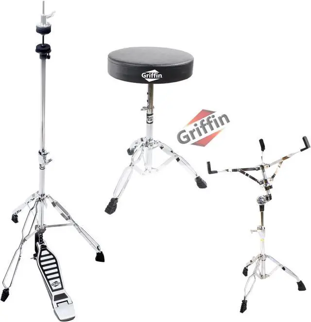 Main image of Hi-Hat Stand, Drummers Throne Seat & Snare Stand - 3 PACK Drum Hardware Set by GRIFFIN | Deluxe Chrome Slip-Proof Gear Holder Percussion Kit for Mounting Hihat Cymbals, and Snare Drums