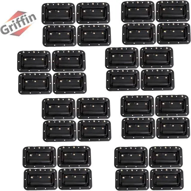 Main image of 32 PACK -  Metal Flip Speaker Cabinet Handles for Rack Road Flight Trunk by GRIFFIN | Spring Loaded Flush Pull with Black Grip Rubber Padding for Chest Carry Case | DJ PA Pro-Audio Stage Gear Parts