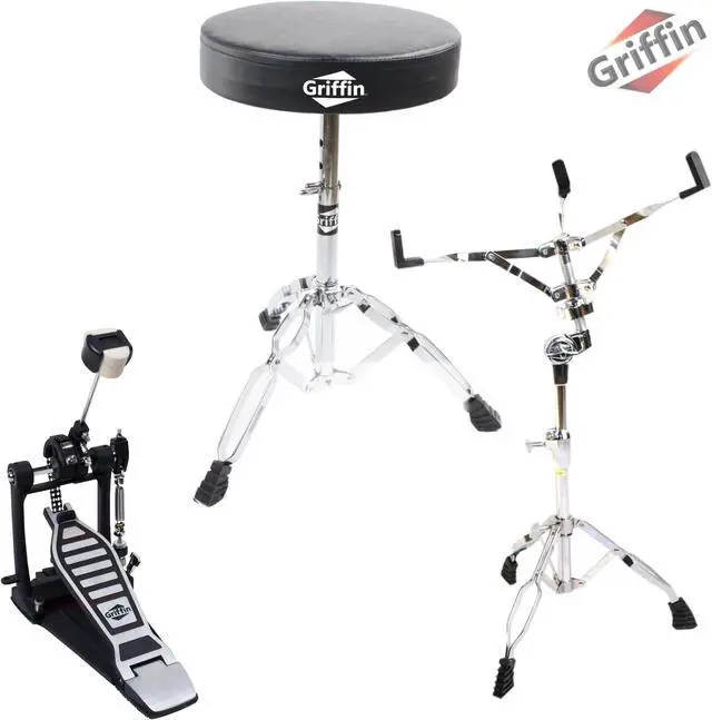 Main image of GRIFFIN 3 Pack Set- Single Kick Bass Pedal, Drum Throne & Snare Stand Set by GRIFFIN | Double Chain Foot Percussion Hardware Kit for Intense Play | Comfortable Drum Seat Percussion Chair for Adults