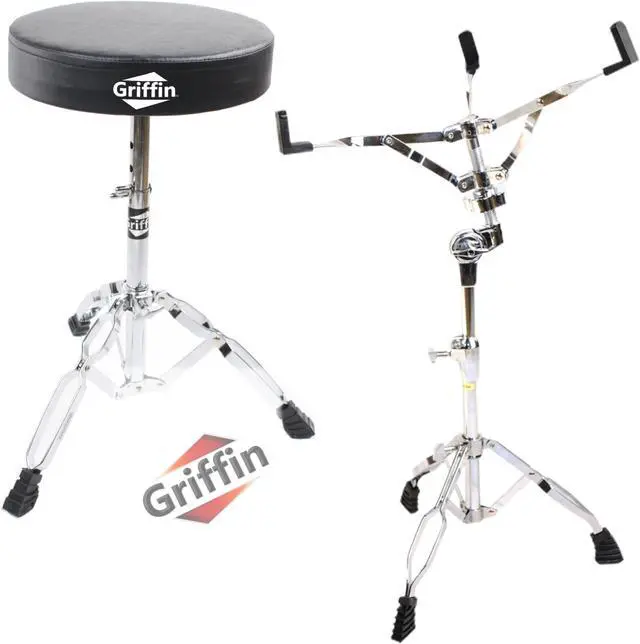 Main image of Snare Stand & Drum Throne 2-PACK Set by GRIFFIN | Percussion Chrome Hardware Kit & Double Braced Light-Weight Mount for Standard Snares, Tom-Toms & Practice Pad | Slip-Proof Gear Tilter & Clamp Holder