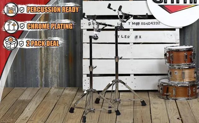 Alt view image 7 of 7 - 2-PACK- Concert Stand Up Snare Drum Stands by GRIFFIN | Tall Adjustable Chrome Height Stand For Drummers Percussion Practice Pads & Drums | Extended Height Drum Hardware Mount Holder With Basket Clamp