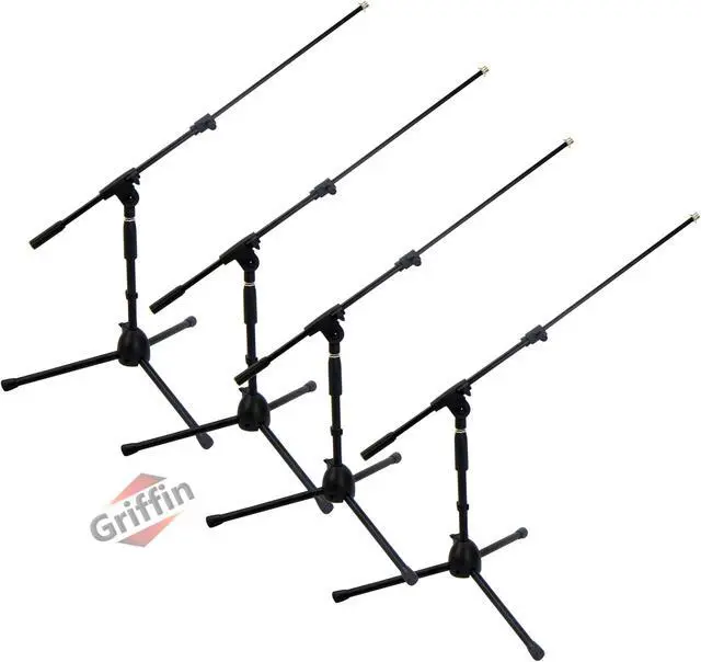 Main image of 4 PACK - GRIFFIN Low Profile Microphone Stand | Short Tripod Mic Stand Mount with Boom Arm for Bass Drum, Studio Recording, Stage Monitor Speakers & Guitar Amplifiers | Small Height Telescoping Holder