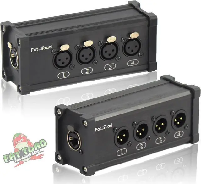 Main image of 4 Channel DMX Hub Over Network Signal XLR Cable Extender FAT TOAD | Male & Female Pack with 3 Pin XLR to RJ45 Ethercon Wire for Live Stage Sound Monitoring, Studio Recording & DJ Lighting, PA AES-EBU