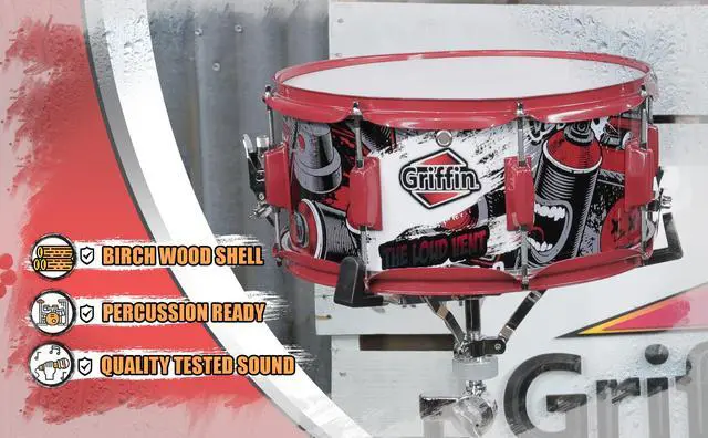 Alt view image 6 of 7 - Snare Drum by GRIFFIN | Birch Wood Shell 14"x6.5" with Custom Graphic Wrap (Limited Edition) | Percussion Acoustic Musical Instrument Kit & Drummers Key | 8 Metal Lugs, Head Set & Strainer Throw Off