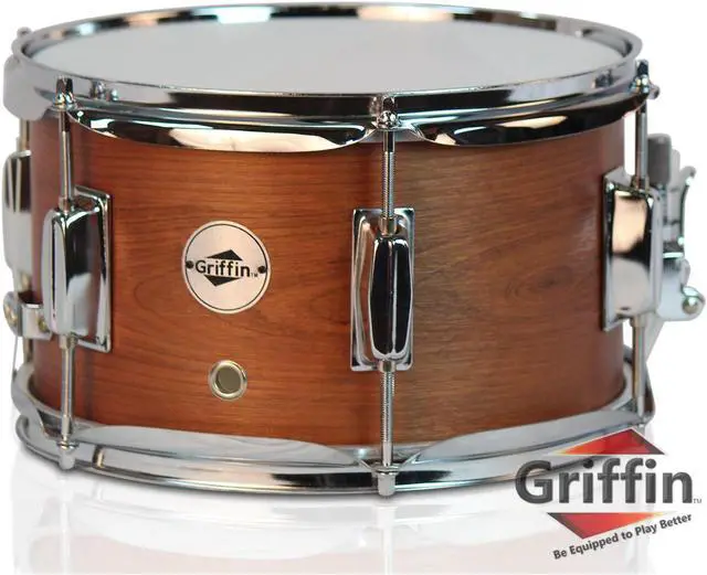 Main image of Popcorn Snare Drum by GRIFFIN | Soprano Firecracker 10" x 6" Poplar Wood Shell with Hickory PVC | Concert Percussion Musical Instrument with Drummers Kit Key & Deluxe Snare Strainer Throw Off Set