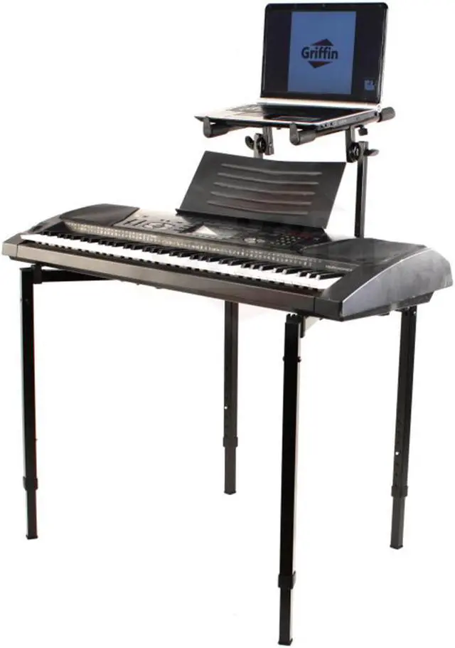 Alt view image 3 of 8 - Double Piano Keyboard & Laptop Stand by GRIFFIN | 2 Tier/Dual Portable Studio Mixer Rack for Turntables, DJ Coffins, Speakers, Digital Audio Gear & Music Equipment | Folding Stage Mount Multi Platform