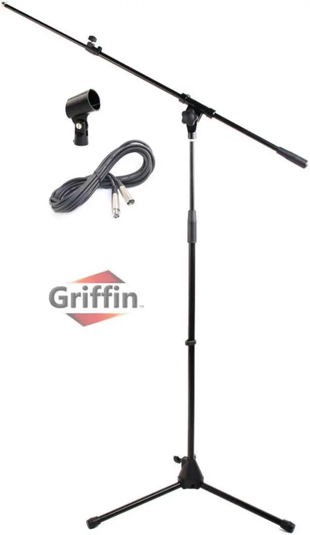 Main image of Microphone Stand with Telescoping Boom, XLR Cable and Mic Clip Package by GRIFFIN | Tripod Premium Quality for Studio, Karaoke, Live Performances, Studio, Conferences | 20 ft Pro Audio Mic Cord Patch