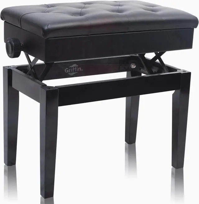 Alt view image 2 of 7 - GRIFFIN Premium Antique Piano Bench | Adjustable Black Solid Wood Frame & PU Leather Padded Cushion | Vintage Ergonomic Musicians Keyboard Chair | Guitar Stool, Home Vanity Bench | Sheet Music Storage