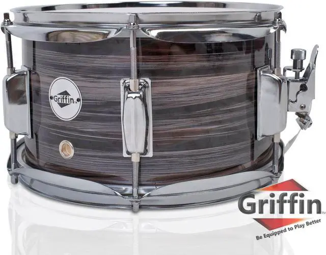 Main image of Popcorn Snare Drum by GRIFFIN | Firecracker Acoustic 10" x 6" Poplar Shell with Zebra Wood PVC | Soprano Mini Concert Marching Percussion Musical Instrument with Snare Throw Off, Drummers Key & Head
