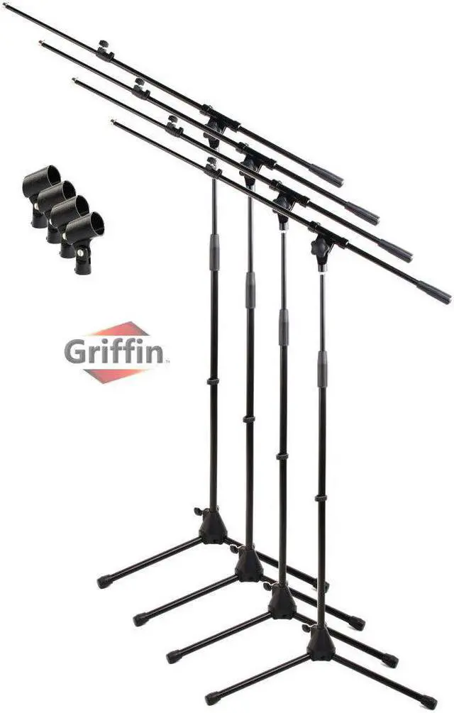 Main image of Tripod Microphone Boom Stand with Mic Clip Adapter (Pack of 4) by GRIFFIN | Adjustable Holder Mount For Studio Recording Accessories, Singing Vocal Karaoke, Live Stage | Folding Legs & Telescoping Arm