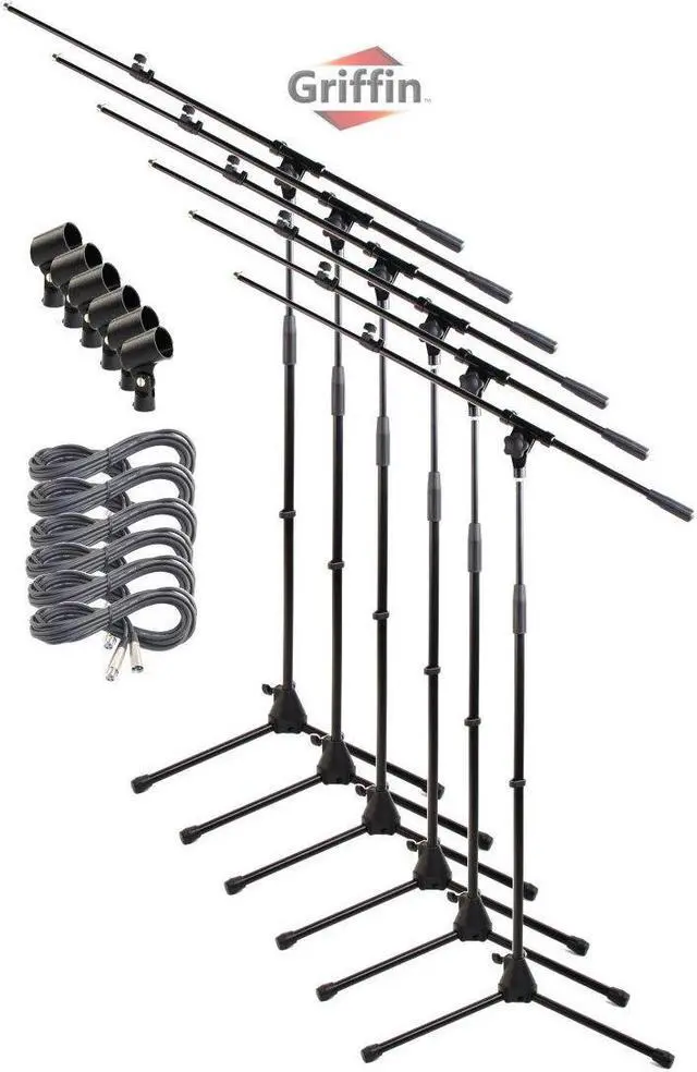 Main image of GRIFFIN Microphone Boom Stand (Pack of 6) with XLR Cables & Mic Clip | Telescopic Arm Tripod Legs for Studio Recording Accessories, Singing Vocal Karaoke, DJ Live | 20ft Pro Audio Mic Cord 20 AWG Wire