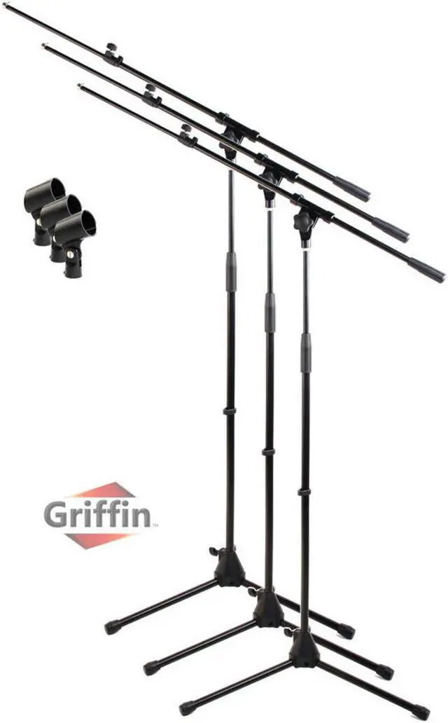 Main image of Microphone Stand with Telescopic Boom Arm (Pack of 3) by GRIFFIN | Adjustable Holder Mount For Studio Recording Accessories, Singing Vocal Karaoke, Live Stage DJ | Mic Clip Adapter Tripod Folding Legs