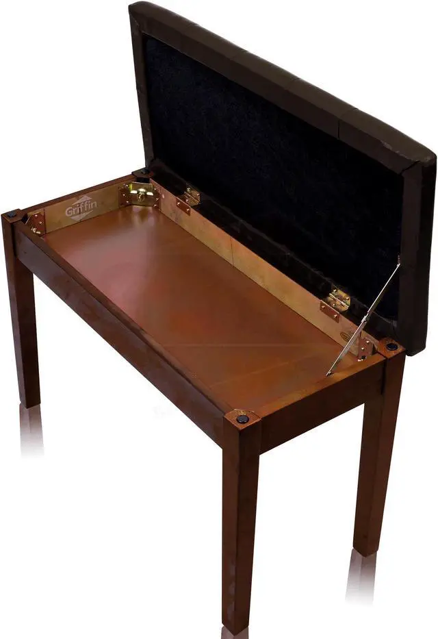 Alt view image 4 of 7 - GRIFFIN Brown Wood PU Leather Piano Bench | Double Vintage Design, Ergonomic Chair Musicians Keyboard Stool | Cushion Duet Seat & Sheet Music Storage Space | For Guitar Stool or Home Vanity Bench