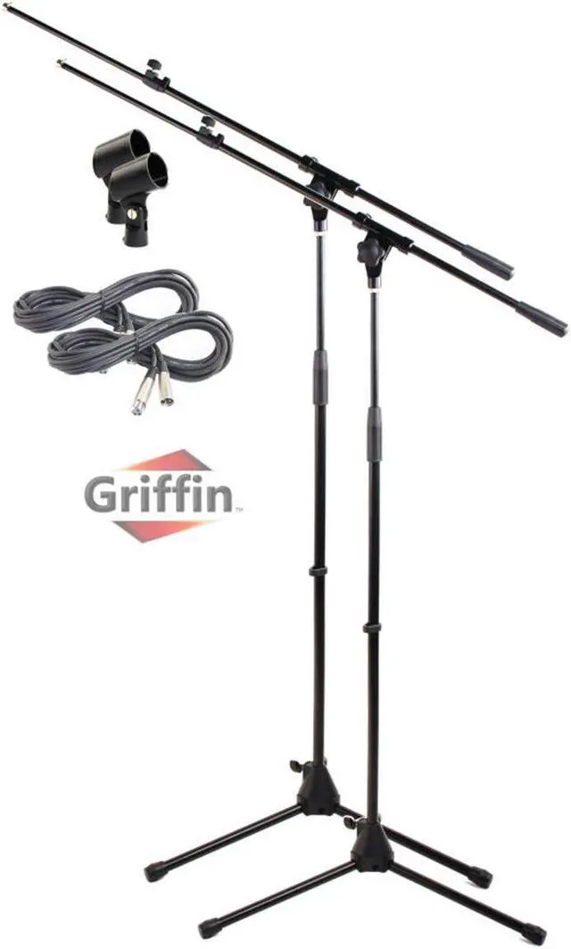 Main image of Tripod Microphone Boom Stand with XLR Mic Cable & Clip (Pack of 2) by GRIFFIN | Telescoping Arm for Studio Recording Accessories, Singing Vocal Karaoke, Live Stage | 20ft Pro Audio Mic Cord Wire 3-Pin