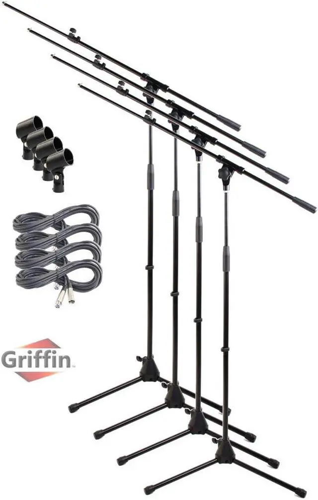 Main image of Telescoping Tripod Microphone Boom Stand with XLR Mic Cable & Clip (Pack of 4) by GRIFFIN | Premium Quality for Studio, Karaoke, Recording Studio, Live Performances, Conferences | 20ft Microphone Cord