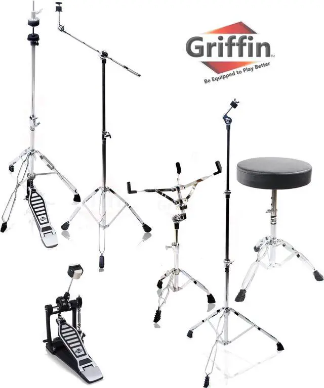 Main image of Complete Drum Hardware Pack 6 Piece Set by GRIFFIN | Full Size Percussion Stand Kit with Snare, Hi-Hat, Cymbal Boom, Throne Stool & Single Kick Drum Pedal | Lightweight and Portable, Perfect for Gigs