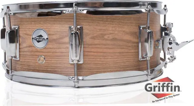 Main image of Oak Wood Snare Drum by GRIFFIN | PVC on Poplar Wood Shell 14" x 5.5" | Percussion Musical Instrument with Drummers Key for Students & Professionals|8 Tuning Lugs & Deluxe Snare Strainer