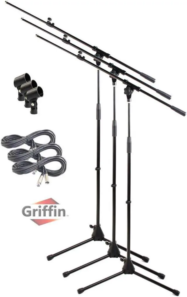 Main image of Microphone Boom Stand with XLR Mic Cable & Clip (Pack of 3) by GRIFFIN | Telescoping Arm Tripod Legs for Studio Recording Accessories, Singing Vocal Karaoke, Live Stage | 20ft Pro Audio Mic Cord Wire