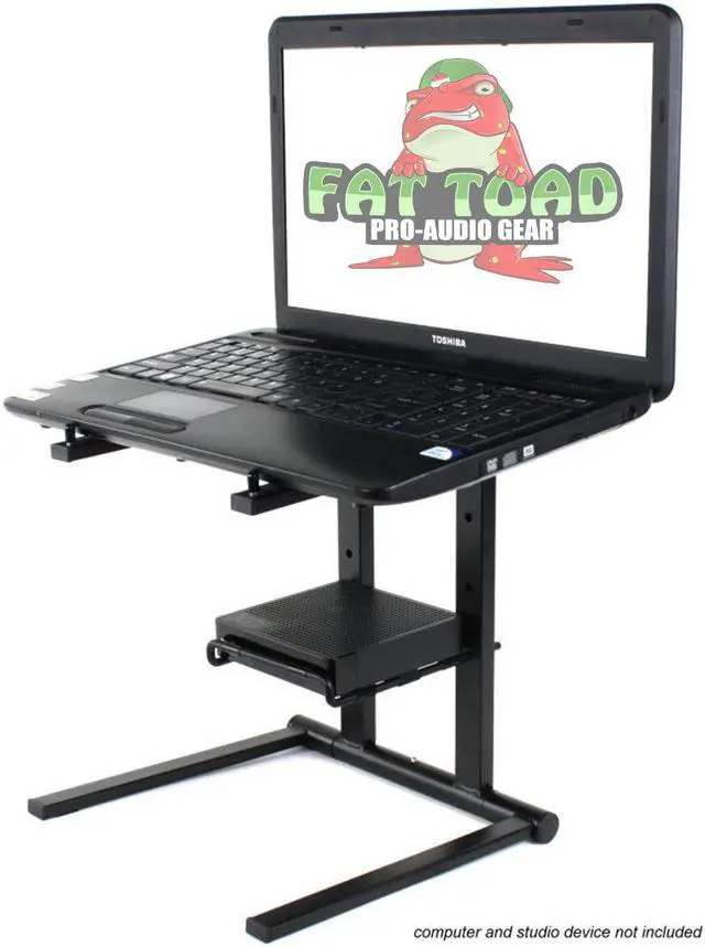 Alt view image 6 of 8 - Folding DJ Laptop Stand with Sub-tray Shelf by FAT TOAD | Pro Audio Computer Table Top Rack Stand Mount for iPads, Mixer Controller & Tablets | Portable PC Gear Clamp Holder | Stage Booth, Home Office